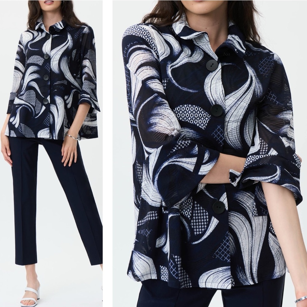 Joseph Ribkoff NWT Ayla Swirl Navy & White Semi Sheer Shirt Jacket Size US 4